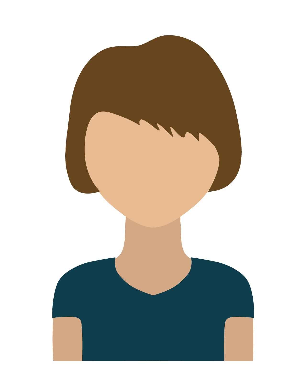Decorative female profile with short brown hair, light brown skin tone, and a v-neck dark green t-shirt.